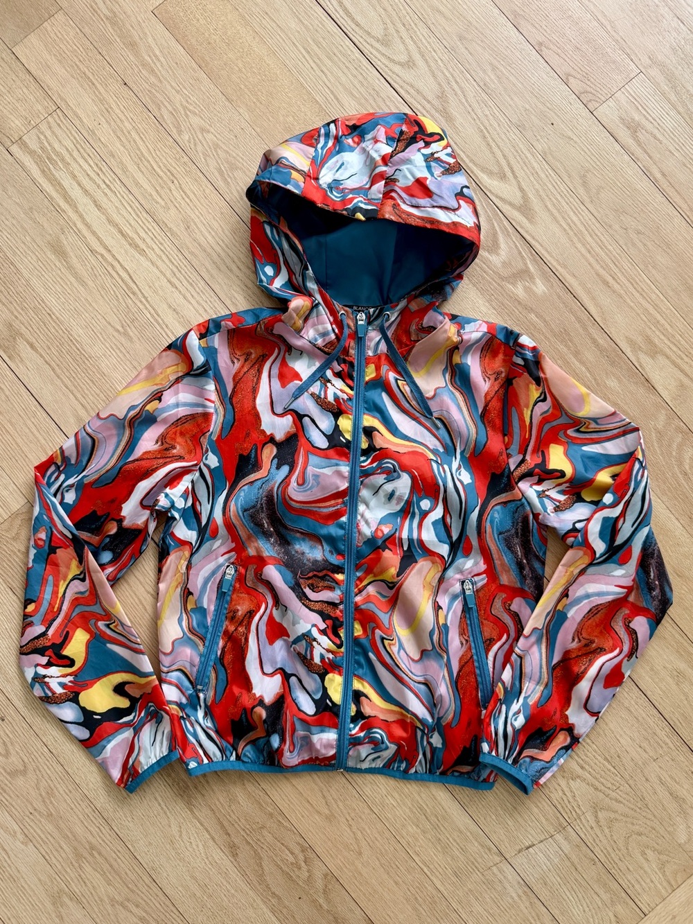 Blanco Abstract Multicolor Hooded Zip Windbreaker Jacket Medium